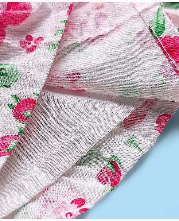 Babyhug Cotton Knit Half Sleeves Frock With Floral Print & Bow Applique - White