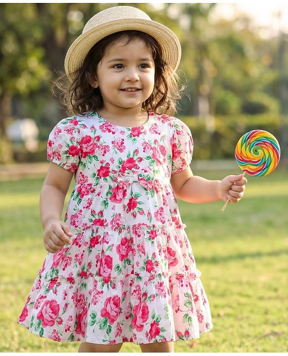 Babyhug Cotton Knit Half Sleeves Frock With Floral Print & Bow Applique - White