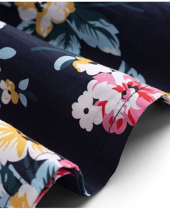 Babyhug Cotton Woven Half Sleeves Floral Printed Frock - With Bow Applique - Navy Blue