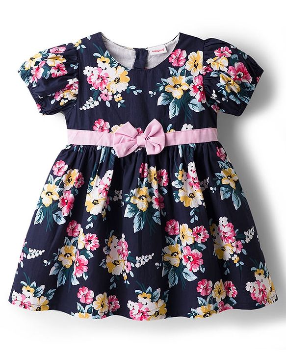 Babyhug Cotton Woven Half Sleeves Floral Printed Frock - With Bow Applique - Navy Blue