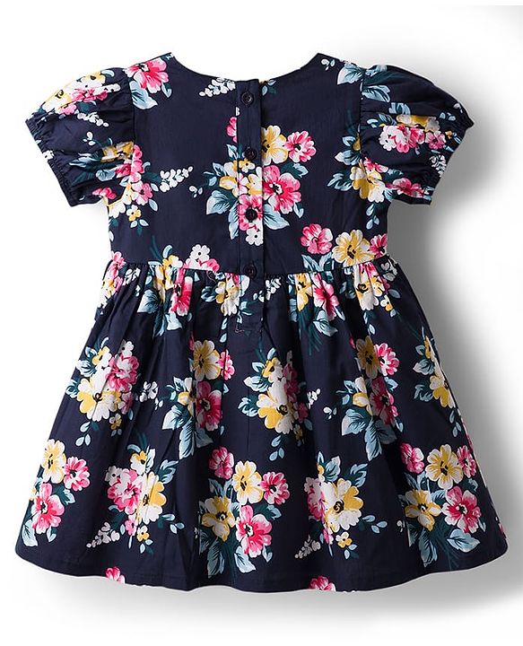 Babyhug Cotton Woven Half Sleeves Floral Printed Frock - With Bow Applique - Navy Blue