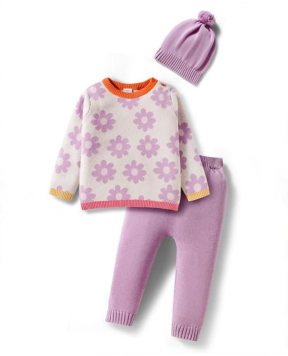 Babyhug Cotton Knit Full Sleeves Pullover Sweater Set with Cap & Floral Design - Lavender