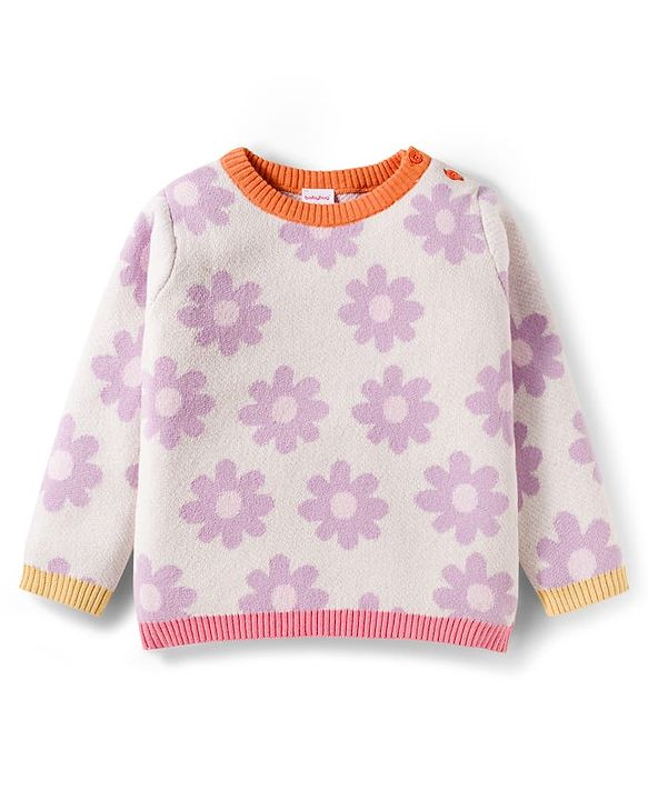 Babyhug Cotton Knit Full Sleeves Pullover Sweater Set with Cap & Floral Design - Lavender