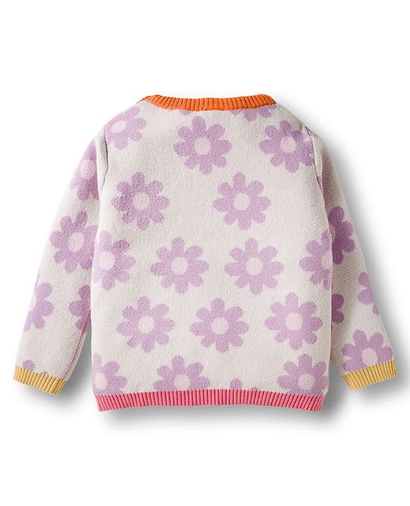 Babyhug Cotton Knit Full Sleeves Pullover Sweater Set with Cap & Floral Design - Lavender