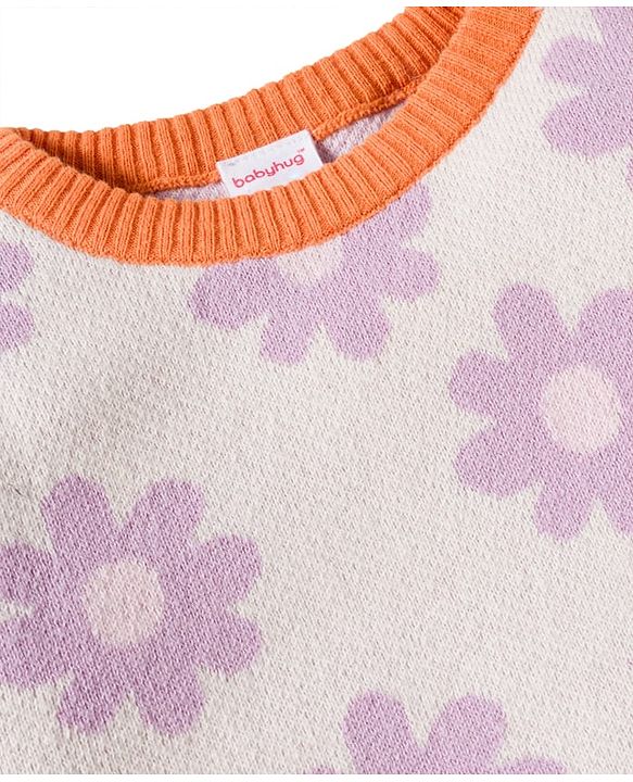 Babyhug Cotton Knit Full Sleeves Pullover Sweater Set with Cap & Floral Design - Lavender