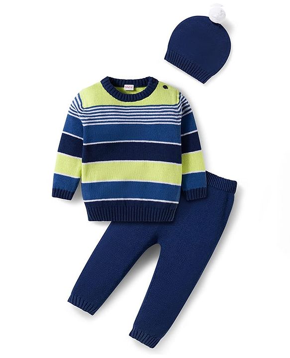 Babyhug Cotton Knit Full Sleeves Pull Over Sweater Set with Stripes & Cap - Navy Blue