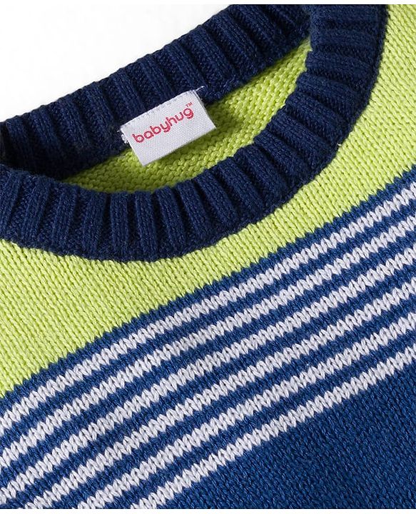 Babyhug Cotton Knit Full Sleeves Pull Over Sweater Set with Stripes & Cap - Navy Blue
