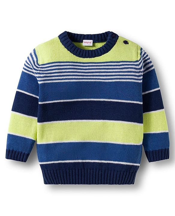Babyhug Cotton Knit Full Sleeves Pull Over Sweater Set with Stripes & Cap - Navy Blue