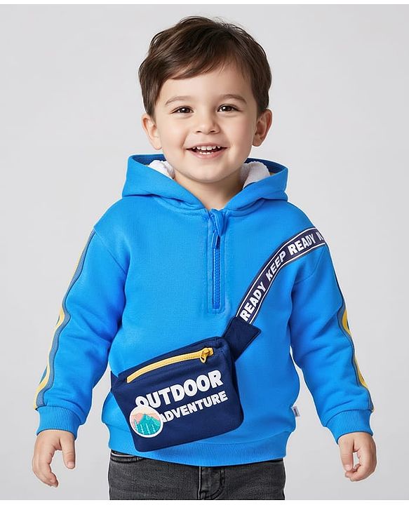 Babyhug Fleece Knit Full Sleeves Hooded Sweatshirt With Sling Bag Applique - Blue