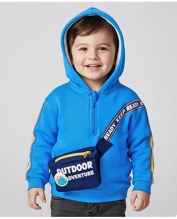Babyhug Fleece Knit Full Sleeves Hooded Sweatshirt With Sling Bag Applique - Blue