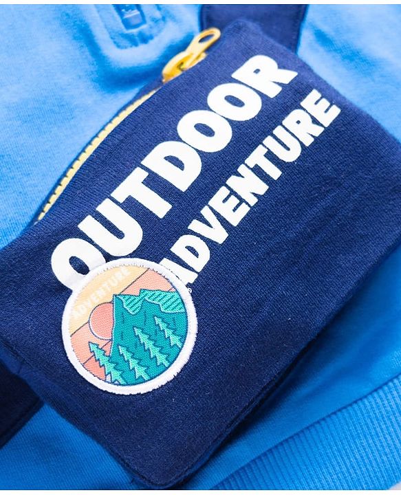 Babyhug Fleece Knit Full Sleeves Hooded Sweatshirt With Sling Bag Applique - Blue