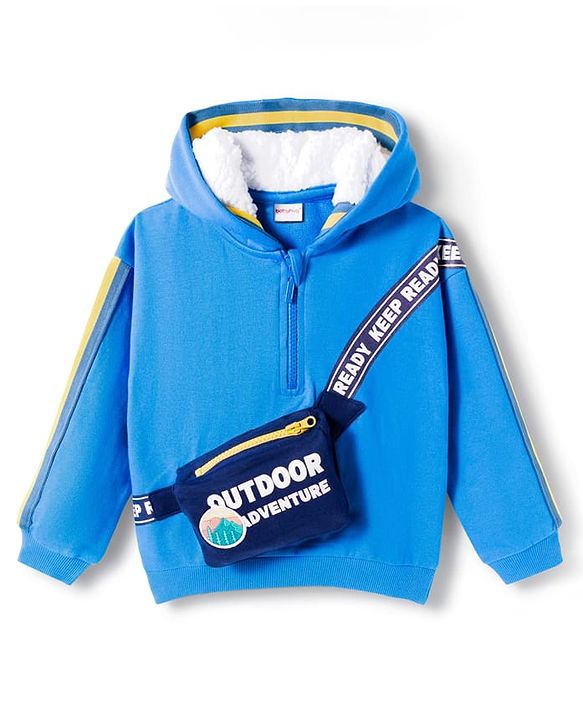 Babyhug Fleece Knit Full Sleeves Hooded Sweatshirt With Sling Bag Applique - Blue