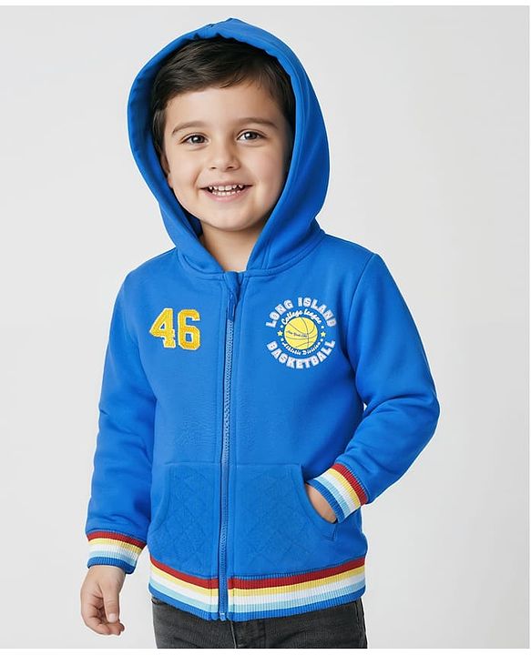 Babyhug Cotton Knit Full Sleeves Hooded Sweatjacket With Text Print - Blue