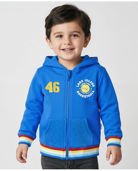 Babyhug Cotton Knit Full Sleeves Hooded Sweatjacket With Text Print - Blue