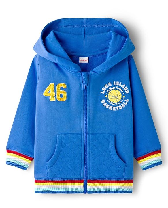 Babyhug Cotton Knit Full Sleeves Hooded Sweatjacket With Text Print - Blue