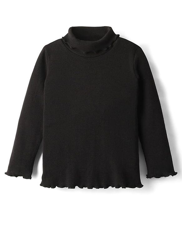 Babyhug Cotton Knit Full Sleeves Turtle Neck Solid Color Winter T-Shirt - Black