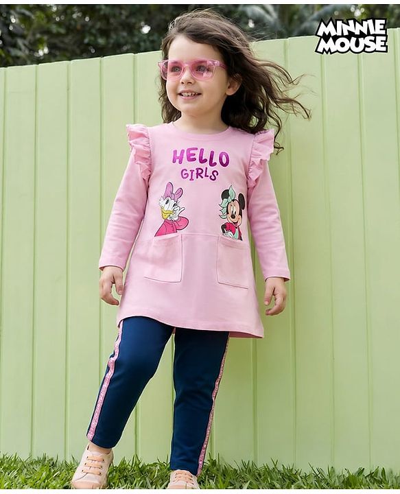 Babyhug Disney Single Jersey Knit Full Sleeves T-Shirt and Leggings with Minnie and Friends Graphics - Pink & Navy Blue