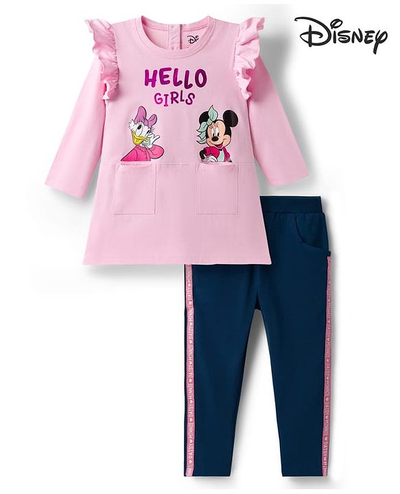 Babyhug Disney Single Jersey Knit Full Sleeves T-Shirt and Leggings with Minnie and Friends Graphics - Pink & Navy Blue