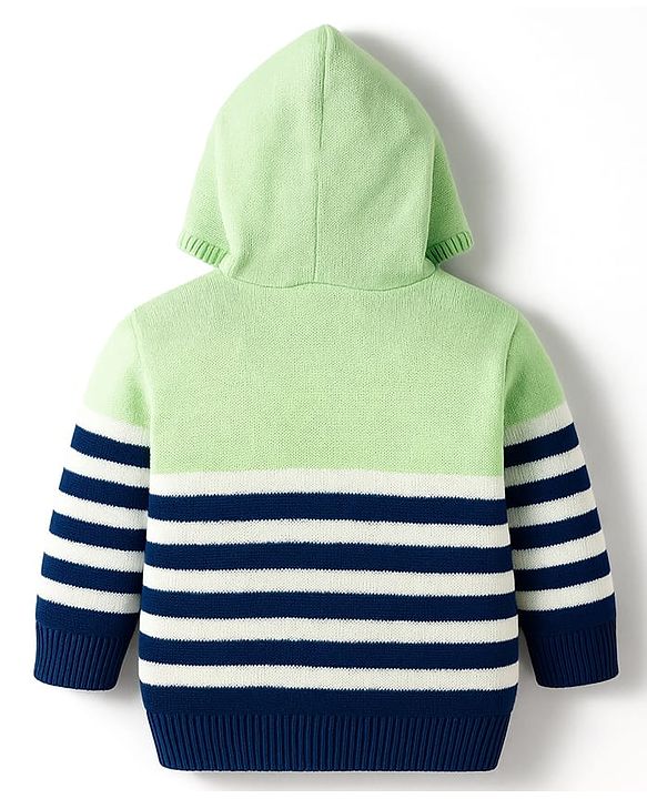 Babyhug Knitted Full Sleeves Striped Hooded Sweater Set - Blue & Green