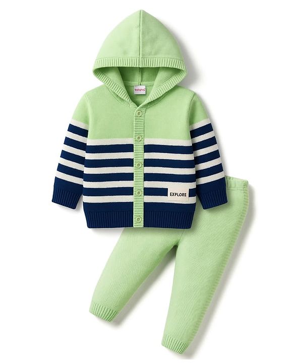 Babyhug Knitted Full Sleeves Striped Hooded Sweater Set - Blue & Green