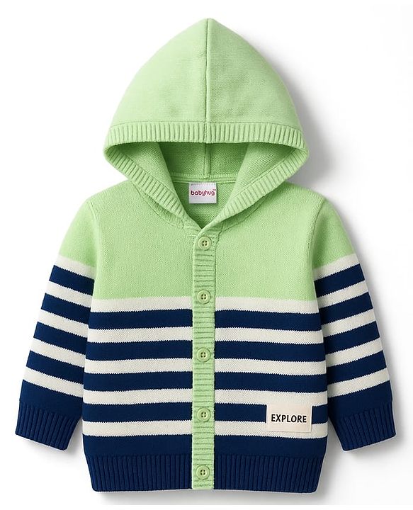 Babyhug Knitted Full Sleeves Striped Hooded Sweater Set - Blue & Green