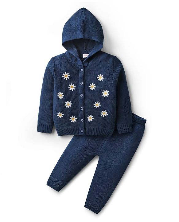 Babyhug Knit Full Sleeves Front Open Hooded Sweater Set With Floral Embroidery - Navy Blue