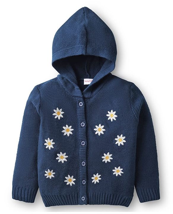 Babyhug Knit Full Sleeves Front Open Hooded Sweater Set With Floral Embroidery - Navy Blue