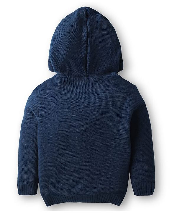 Babyhug Knit Full Sleeves Front Open Hooded Sweater Set With Floral Embroidery - Navy Blue