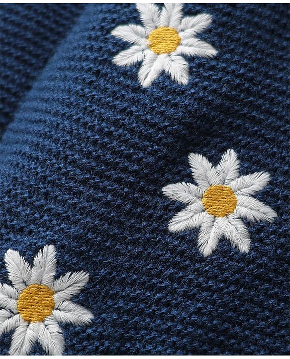 Babyhug Knit Full Sleeves Front Open Hooded Sweater Set With Floral Embroidery - Navy Blue