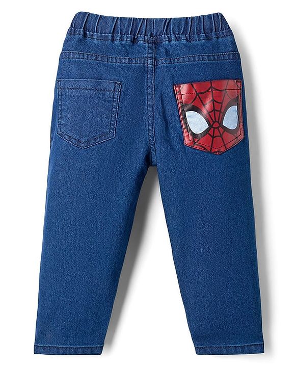 Babyhug Denim Woven Full Length Jeans With Spiderman Print - Blue