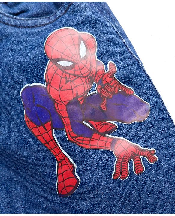 Babyhug Denim Woven Full Length Jeans With Spiderman Print - Blue