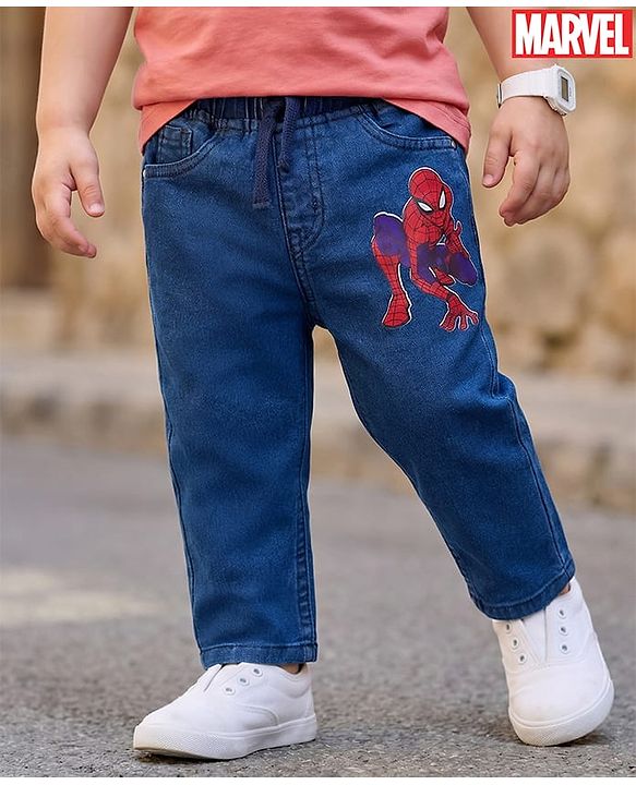 Babyhug Denim Woven Full Length Jeans With Spiderman Print - Blue