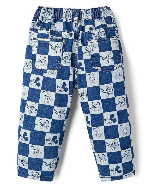Babyhug Disney Denim Woven Full Length Jeans With Mickey Mouse & Family Print - Blue