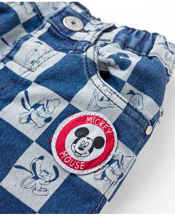 Babyhug Disney Denim Woven Full Length Jeans With Mickey Mouse & Family Print - Blue
