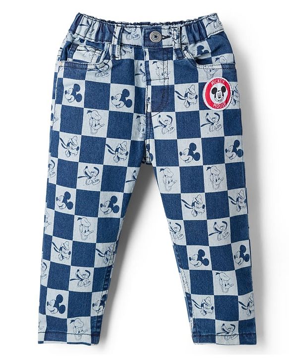 Babyhug Disney Denim Woven Full Length Jeans With Mickey Mouse & Family Print - Blue