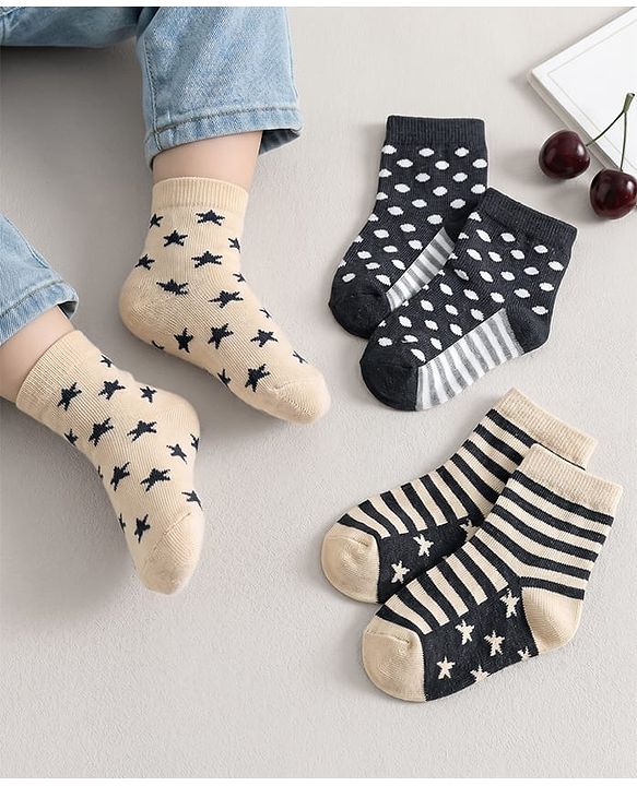 Cute Walk by Babyhug Knit Ankle Length Anti-Bacterial Socks with Polka Dot Stripe & Star Design Pack of 3 - Beige & Black
