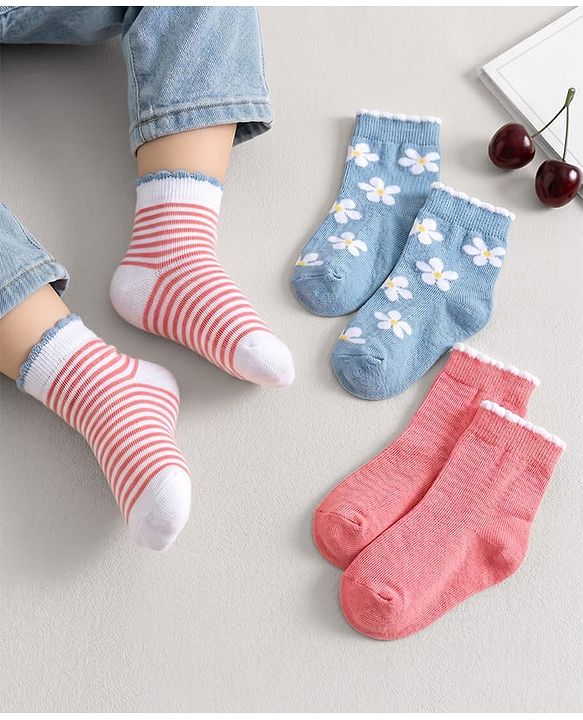 Cute Walk by Babyhug Knit Anti Bacterial Ankle Length Socks With Stripes & Floral Design Pack of 3 - Multicolor