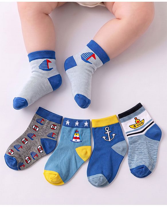 Cute Walk by Babyhug Anti Bacterial Ankle Length Socks With Nautical Theme Design Pack of 5 - Blue
