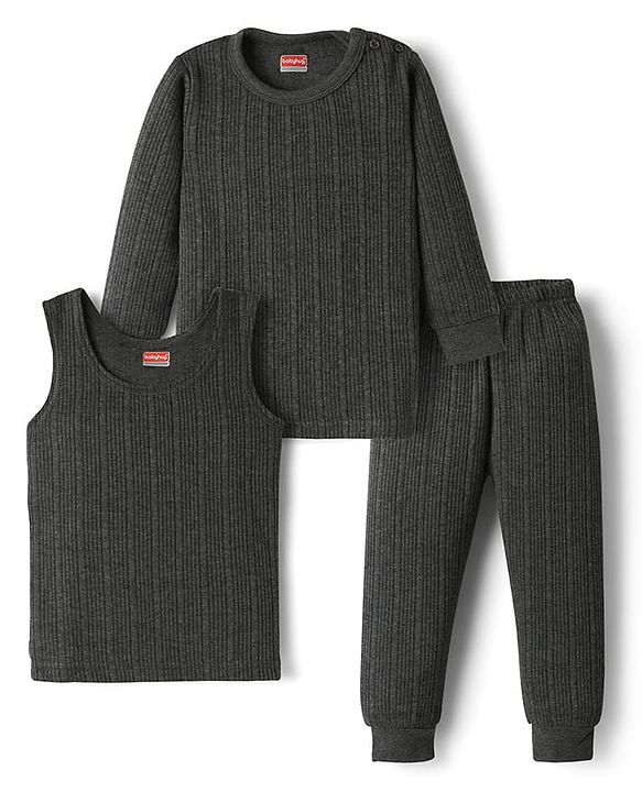 Babyhug Knit Full Sleeves Solid Color Thermal Inner Wear Set - Charcoal Grey