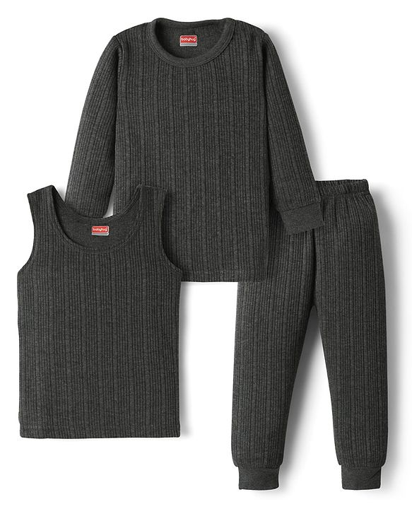 Babyhug Knit Full Sleeves Solid Color Thermal Inner Wear Set - Charcoal Grey