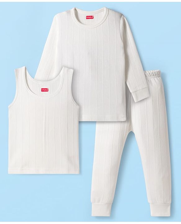 Babyhug Knit Full Sleeves Solid Colour Thermal Inner Wear Set With Vest - Off White