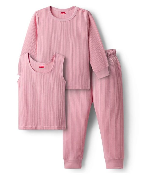 Babyhug Knit Full Sleeves Solid Color Pullover & Sleeveless Thermal Vest & Pant Set - Pink
