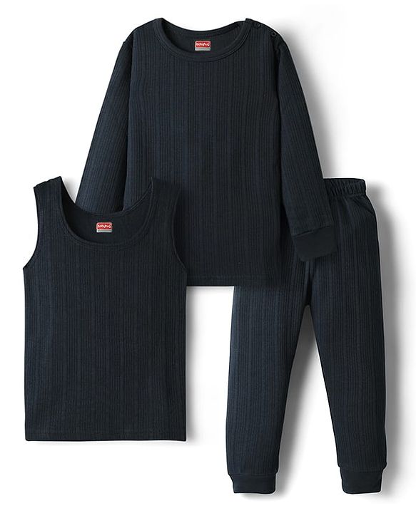 Babyhug Knit Full Sleeves Solid Thermal Inner Wear Set - Navy Blue