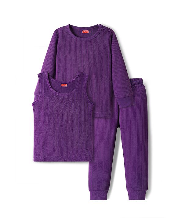 Babyhug Cotton Knit Full Sleeves Solid Color Thermal Vests & Pant Set - Purple