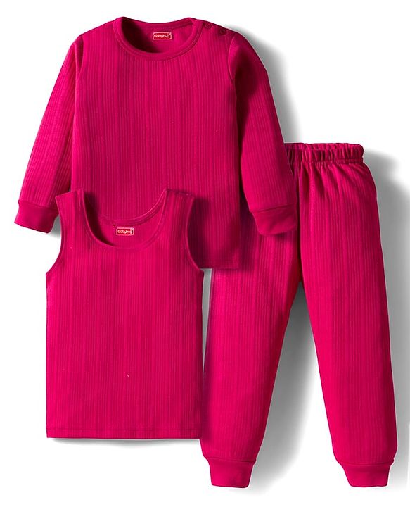 Babyhug Knit Full Sleeves Solid Pullover Thermal Set with Vest - Dark Pink
