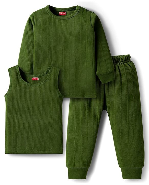 Babyhug Knit Full Sleeves Solid Color Pullover Thermal Inner Wear Set - Olive Green