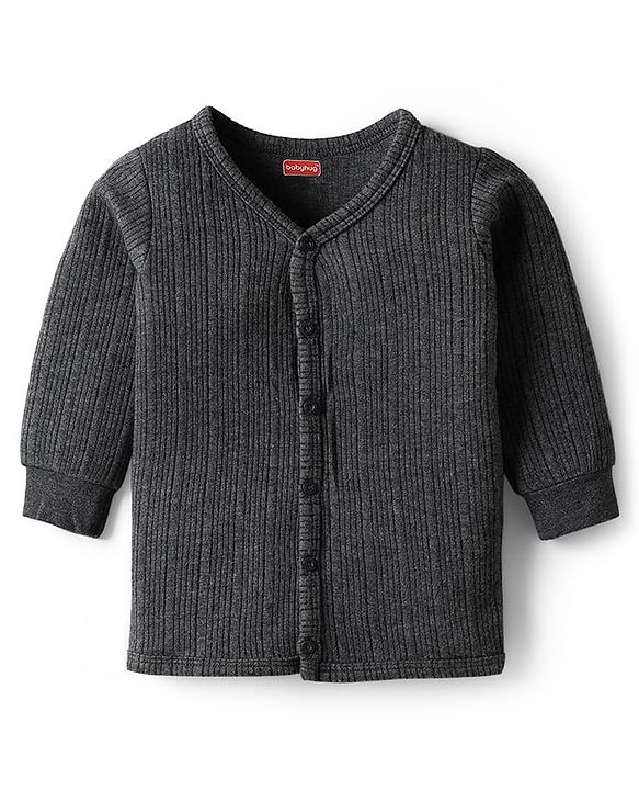 Babyhug Knit Full Sleeves Solid Front Open Thermal Set - Charcoal Grey