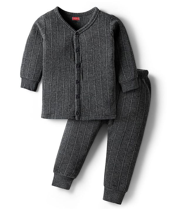 Babyhug Knit Full Sleeves Solid Front Open Thermal Set - Charcoal Grey