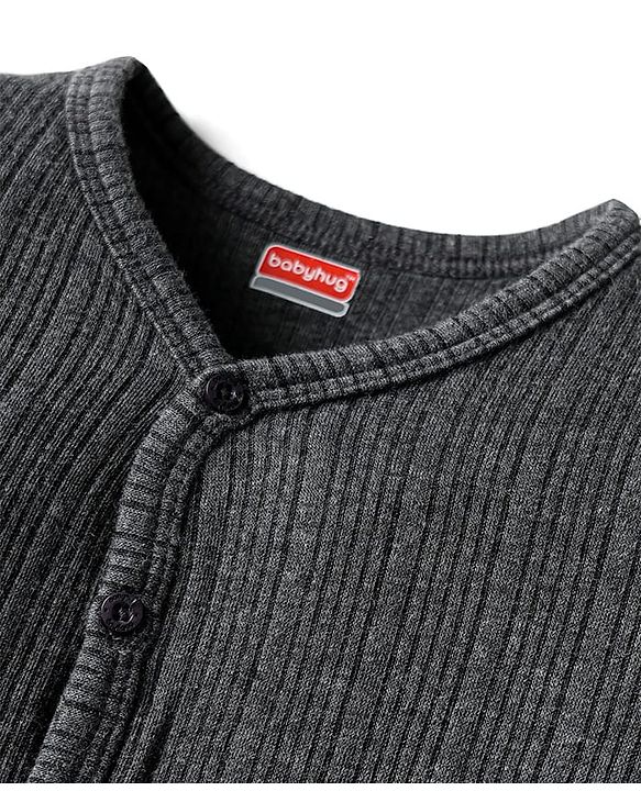 Babyhug Knit Full Sleeves Solid Front Open Thermal Set - Charcoal Grey