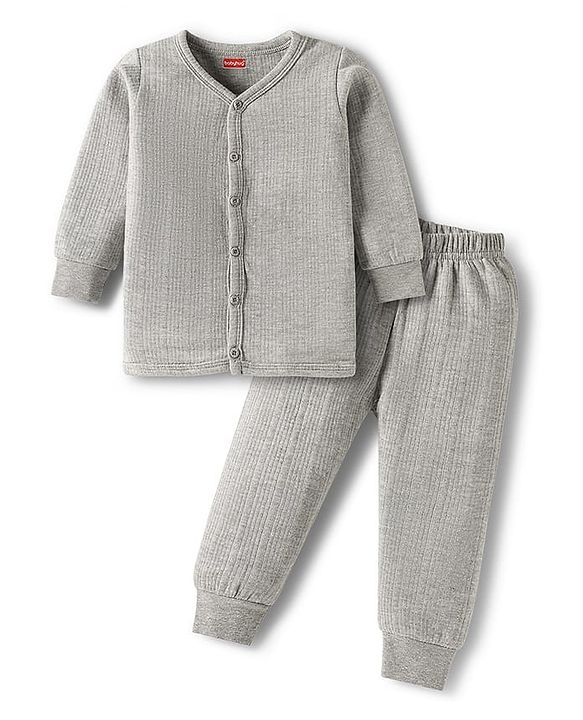 Babyhug Knit Full Sleeves Solid Front Open Thermal Set - Light Grey